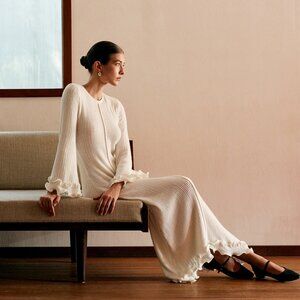 Semi-Sheer Piping Ruffle Drawstring Knit Dress